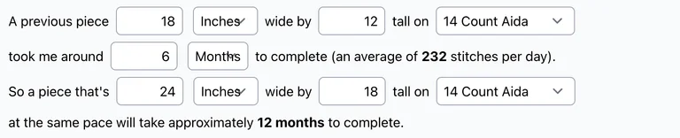 Estimate how long it will take to complete a cross-stitch pattern based on previous project time